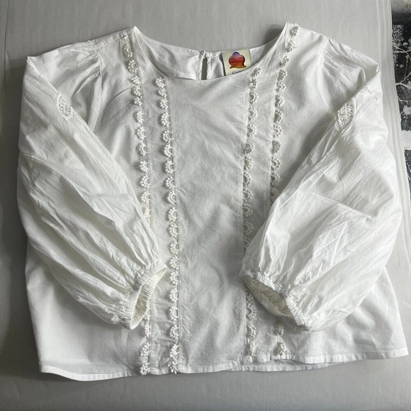 Farm Rio x Anthropologie White Cotton Puff Sleeve Scoop Neck Lace Top Size M - Picture 5 of 13